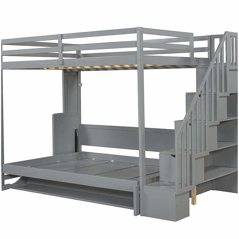 Lit escamotable double avec levage hydraulique et conception de bureau, en gris, Gris