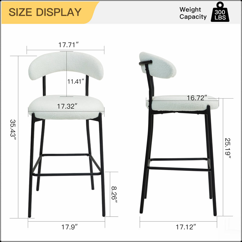 Tabouret de bar 26 po à hauteur de comptoir avec housse en tissu Teddy et îlot de cuisine avec base thermolaquée noire et repose-pieds