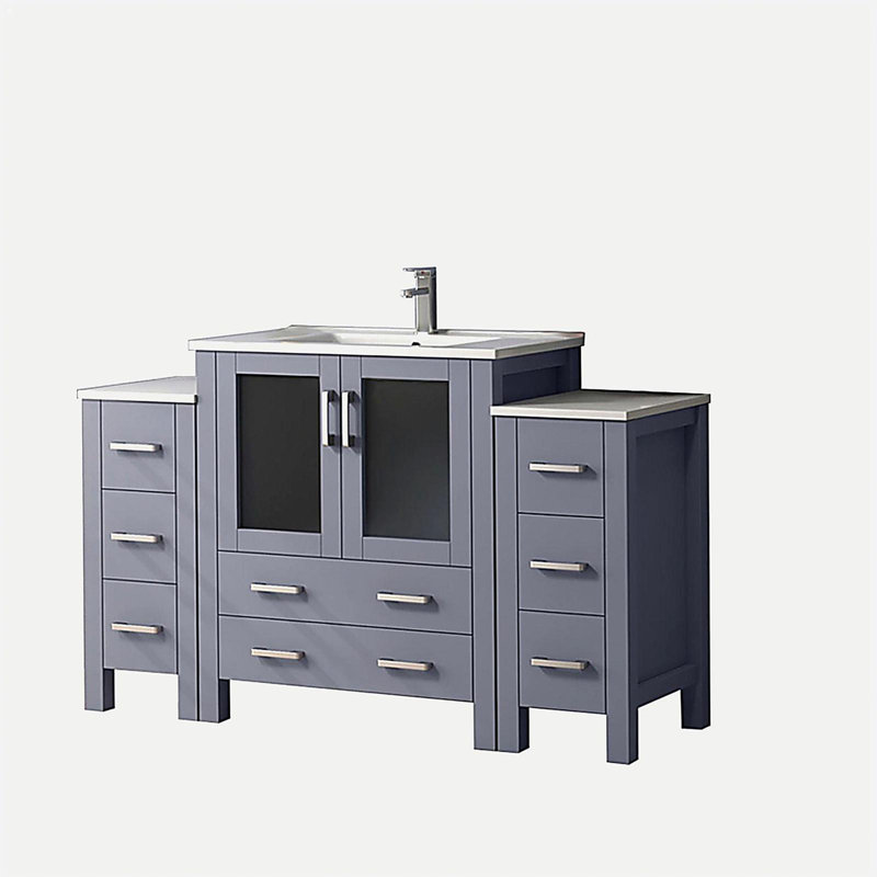 Lavabo pour salle de bain simple avec armoire latérale, comptoir en céramique blanche et ensemble de robinet