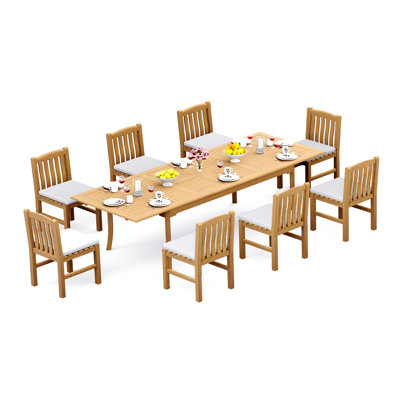 Ensemble de salle à manger en bois de teck Grade-A: table ovale à double extension de 118 po et fauteuils Devon # 11DV2608