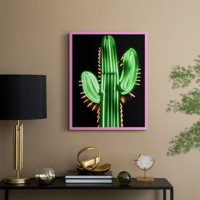 Neon Cactus Framed Print - Solid Wood