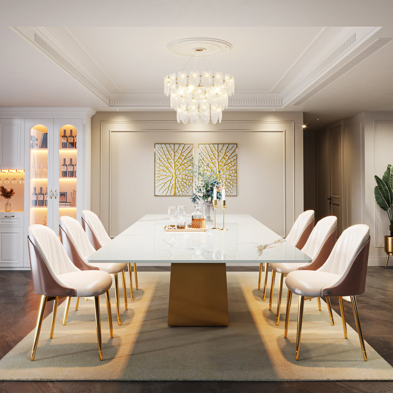 Behesh 78.74" W Rectangular Stainless Steel and Sintered Stone Dining Table