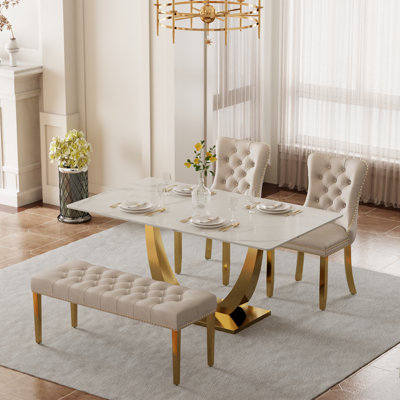 Ensemble de salle à manger rectangulaire avec banc, table de cuisine moderne de style Mid-Century et chaises capitonnées et banc de salle à manger de style luxueux Glass