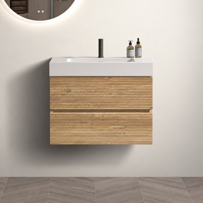 24" Rough Oak Wall-Mounted Floating Bathroom Vanity with Glossy White Engineered Solid Surface Sink and Soft-Close Drawers
