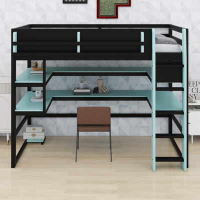 Modern Elevated Bed with Dedicated Workspace, Vertical Side Storage, Comprehensive Bookcase Shelving, and Adjustable RGB Illumination