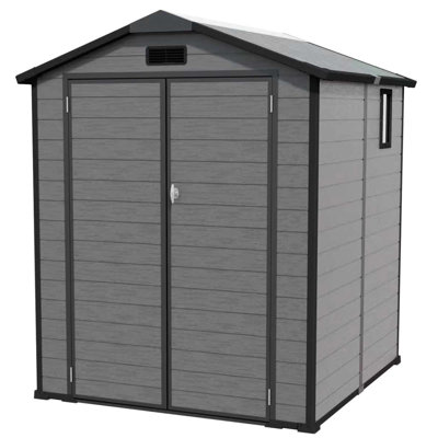 Remise de rangement extérieure verrouillable en plastique 6 pi x 6 pi, gris foncé - pour ranger vélos, tondeuses à gazon et meubles de patio, plafond haut pour espace vertical, durabilité en résine renforcée de métal, fenêtres latérales