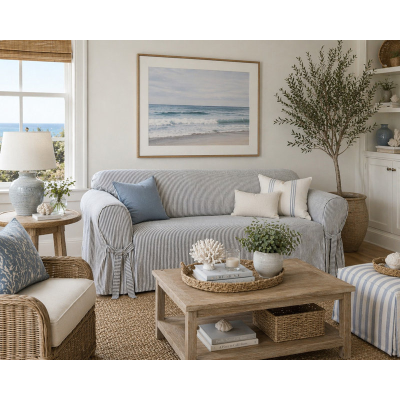 Cotton Box Cushion Sofa Slipcover, Blue