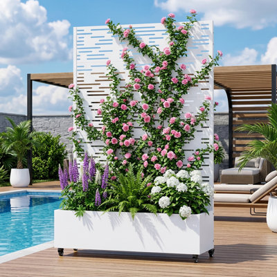 Boîte à fleurs en métal avec treillis et roues