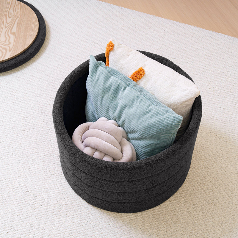 Collapsible Storage Ottoman Round with Tray Teddy Fabric Living Room Bedroom Ottoman with Storage, Gray