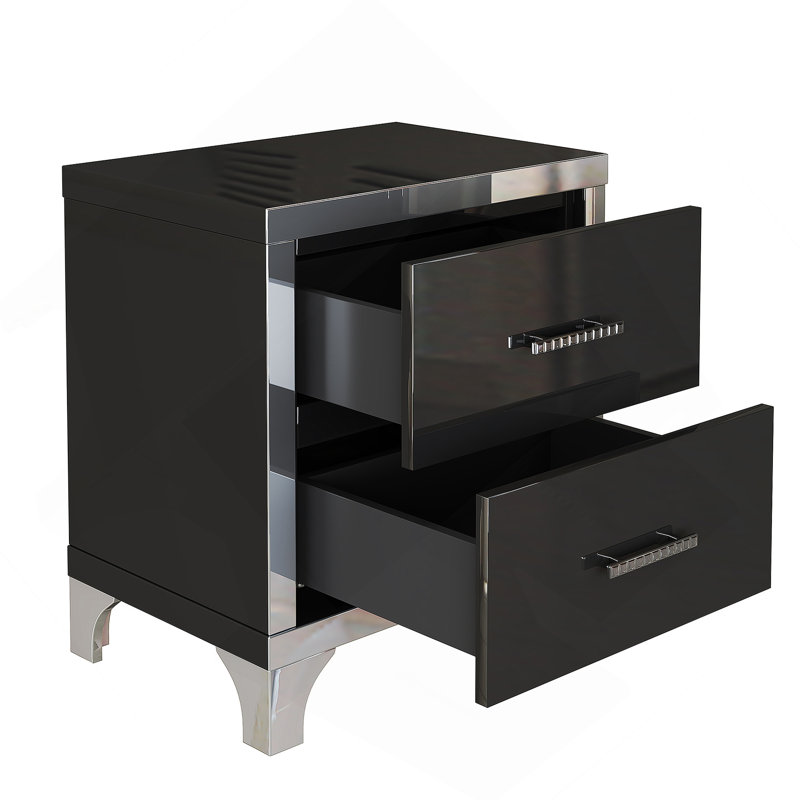 Table de chevet élégante avec poignée en métal et table de chevet miroir à 2 tiroirs