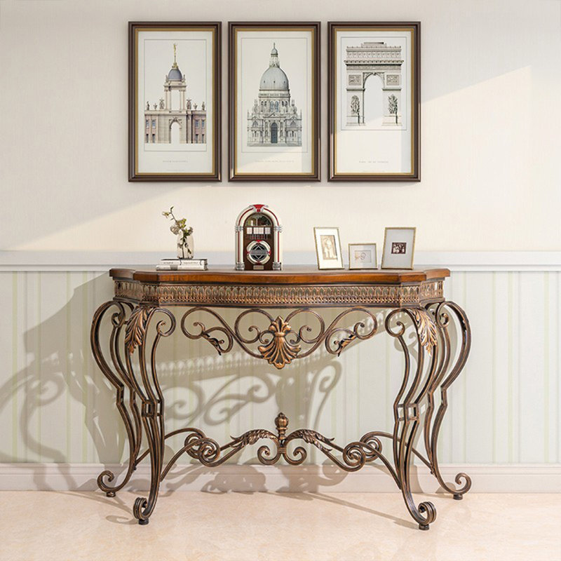 Vintage Antique Bronze Wrought Iron Solid Wood Top Console Table