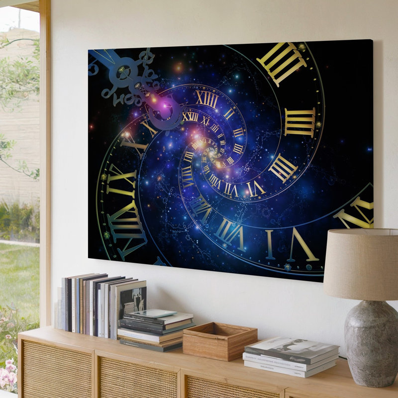 Toile, une spirale hypnotisante de garde-temps célestes qui se déploie contre un art mural profond, toile de fond cosmique où une galaxie d'étoiles scintillantes, art mural