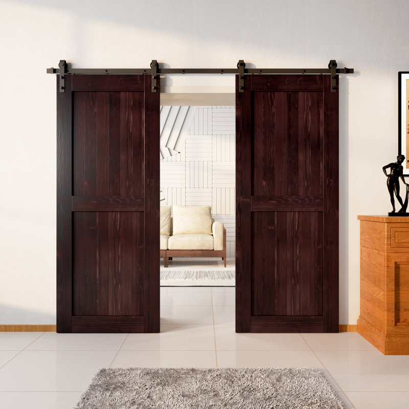 Porte en bois de pin non assemblé H Design avec quincaillerie d'installation rustique noire à deux portes, 32 po x 84 po