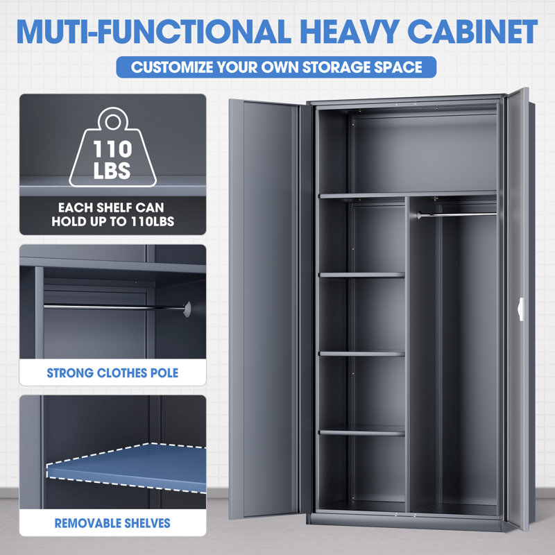 72" Lockable Heavy Duty Metal Storage Cabinet W/ Hanging Rod&Shelves, Gray