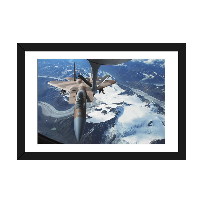 " An F-15C Eagle Aircraft Sits Behind A KC-135R Stratotanker " by Stocktrek Images, 16" H x 24" W x 1" D, White