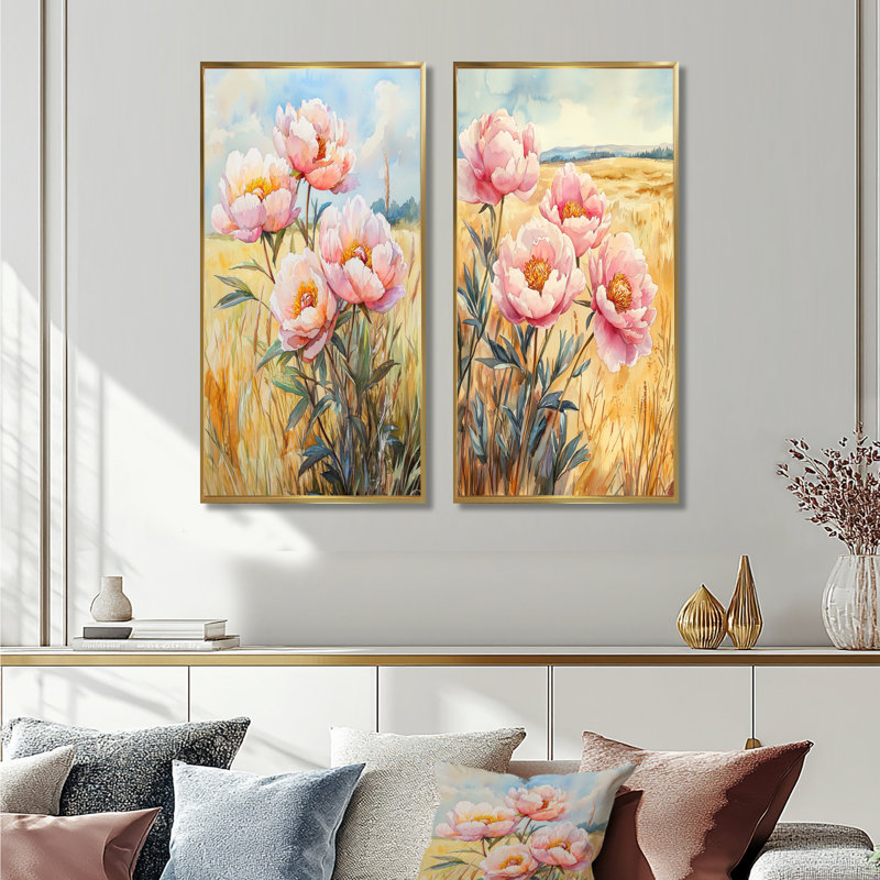 Pivoines dans le champ d'été I - Art mural floral 2 panneaux, H 28 po x l 25 po, Cadre flottant doré