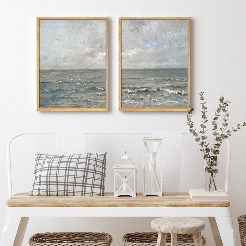 Ensemble 2 pièces d'art mural vagues et voiliers océaniques, H 14 po x l 11 po, Naturel