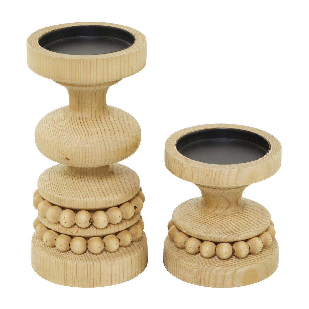 Wood Beaded Pillar Decorative Candle Holder Set Novogratz 
