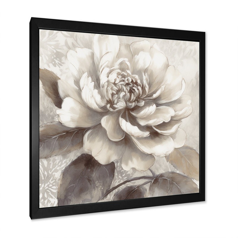 Grey Peonies on Branch II - Print, Black Picture Framed, 36" H x 36" W