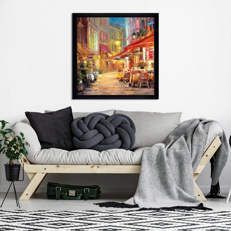 «Cafe in Light I» par Haixia Liu - Peinture, H 37,5 po x l 37,5 po x P 1 po, Cadre noir