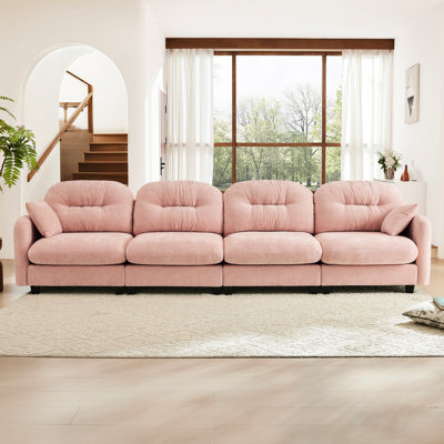 Canapé modulaire rose à quatre places avec chenille, siège ergonomique, design, installation facile, 2 coussins décoratifs pour les espaces de vie Dossier plissé en chenille, assemblage, pièces et coins lecture