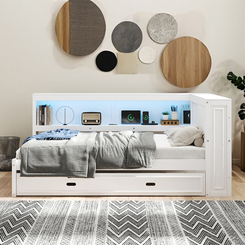 Full Daybed With Storage Shelves, USB, LED, And Trundle, White