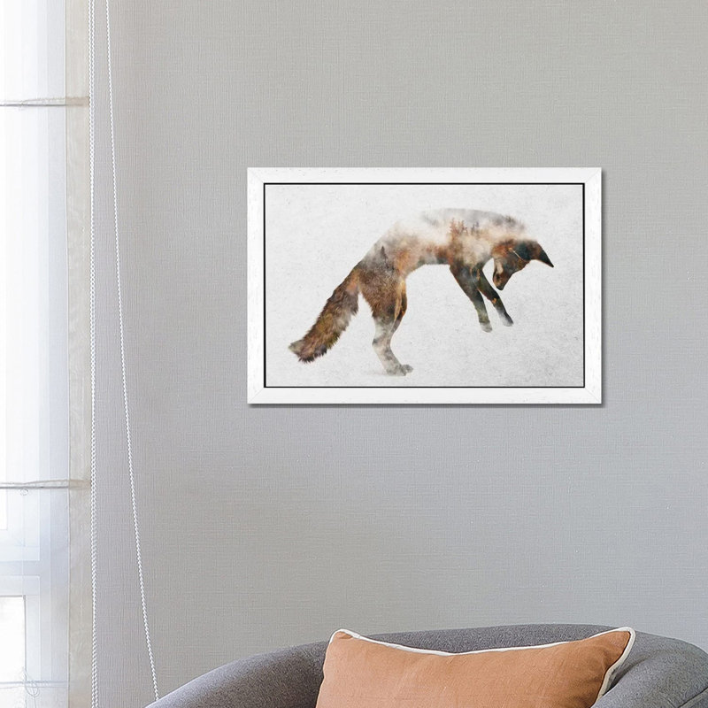 Jumping Fox by Andreas Lie - Print on Canvas, 66.04 cm H x 45.72 cm W, White Framed