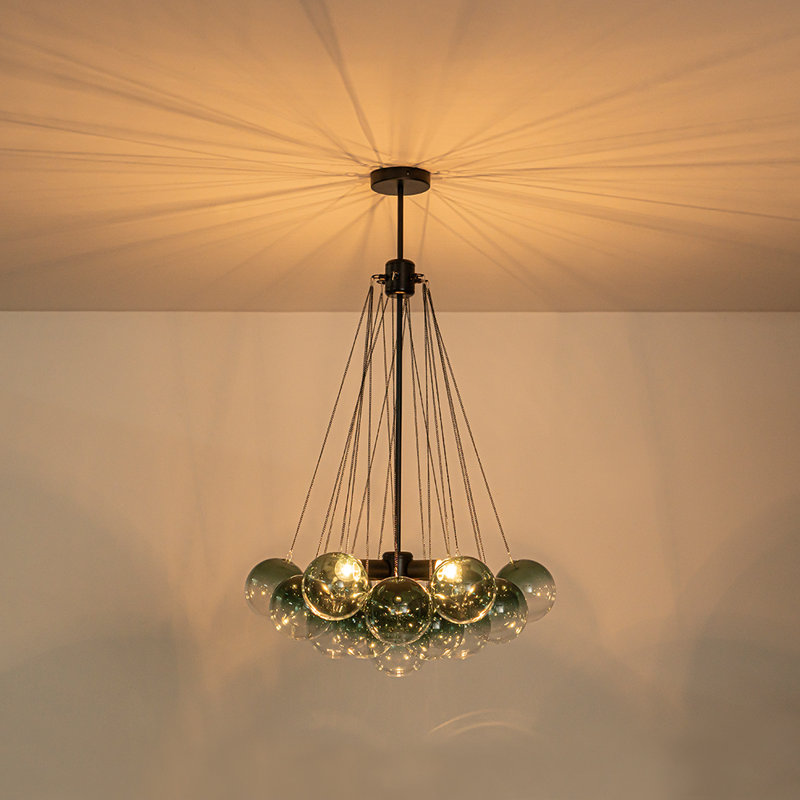 Lustre à bulles en verre vert à trois lumières dégradées, globe en cristal vert, Vert