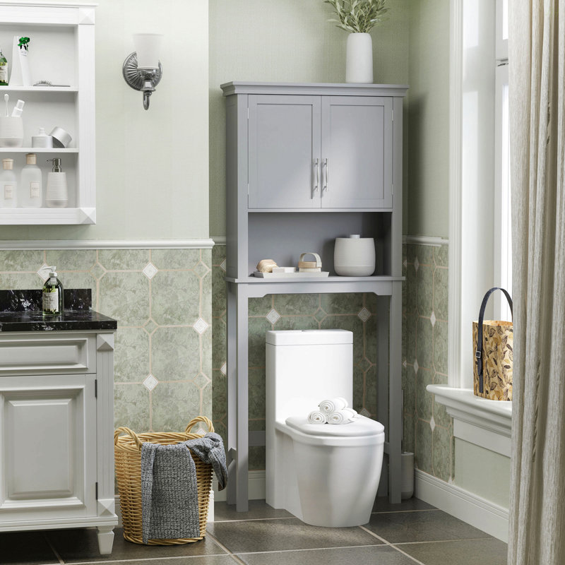 Kleankin Modern Over The Toilet Storage Cabinet, Double Door Bathroom Organizer With Inner Adjustable Shelf And Open Shelf, Grey