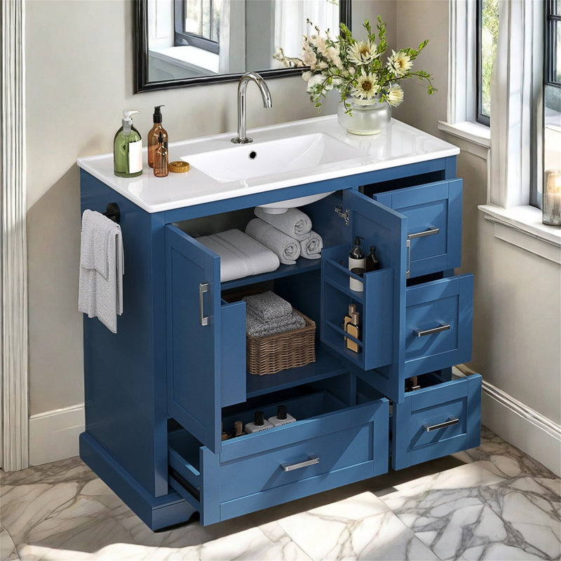 Meuble-lavabo autoportant avec lavabo en céramique et tiroirs à fermeture en douceur