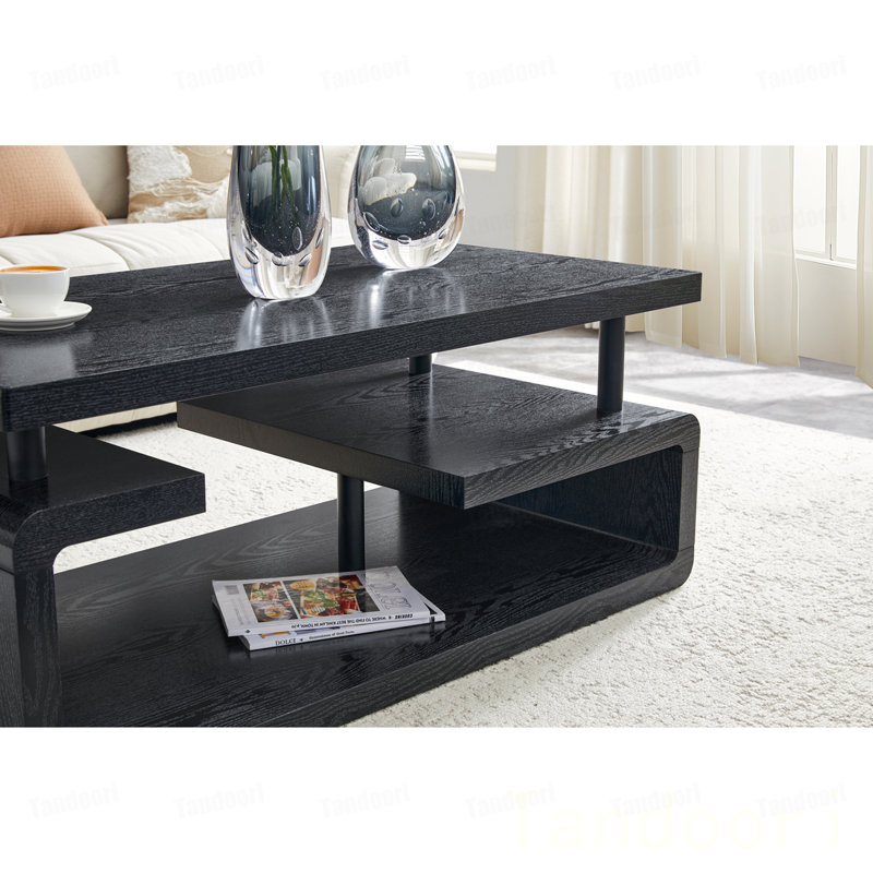 Table basse à trois niveaux en panneau de fibres à densité moyenne avec finition grain de bois