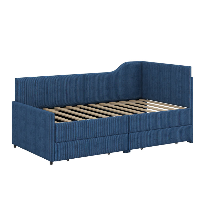 Twin Size Bed Frame Corduroy Upholstered Bed Frame With 2 Storage Drawers, Blue