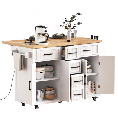 56.5" Kitchen Island with Drop Leaf, Power Outlet & Embossed Vertical Stripe (White)