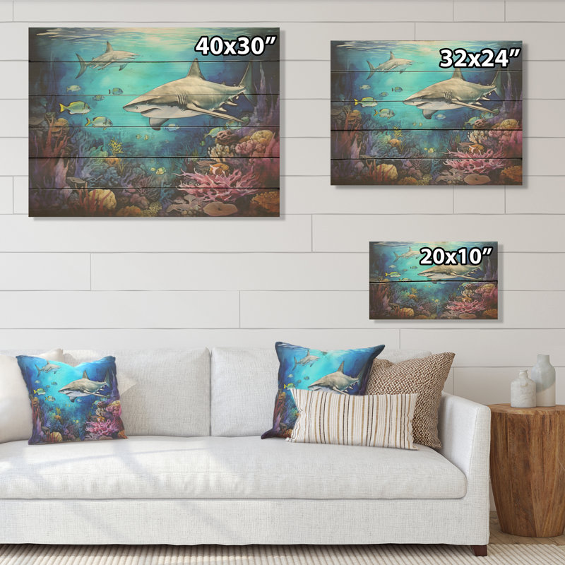 Shark Haven Under Water Painting I - Shark Wood Art On Natural Pine Wood, 30" H x 40" W