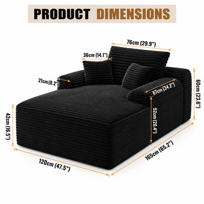 Canapé-lit convertible en tissu moelleux, méridienne désossée avec accoudoirs larges et coussins décoratifs, aucun assemblage requis, méridienne confortable pour le salon, noir