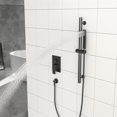 Douche murale de 12 pouces en noir mat - barre coulissante réglable, soupape équilibrée et jet de pluie apaisant avec tête carrée, glissière, fonction