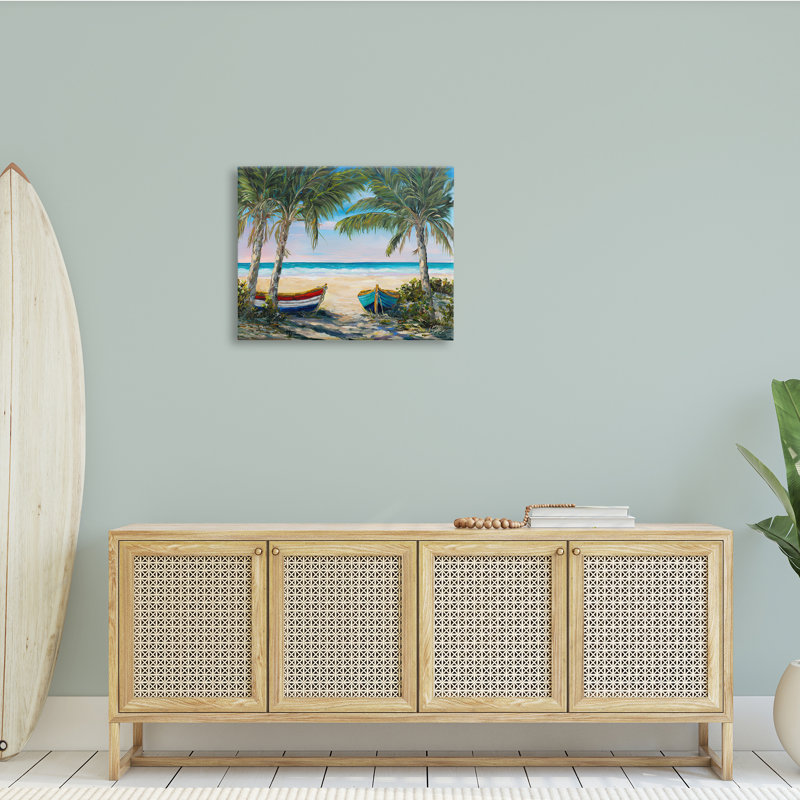 Canots à rames sur la plage, palmiers tropicaux, H 24 po x l 30 po x P 1,5 po, Toile tendue