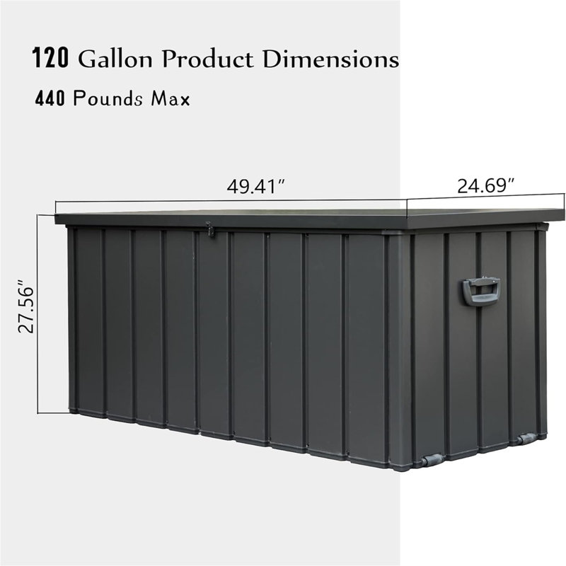 Boîte de rangement extérieure 150 gallons imperméable, H 27,56 po x l 49,41 po x P 24,69 po, Gris foncé
