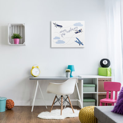 «Never Stop Exploration Airplanes», art mural sur toile tendue par Sweet Pea Studio