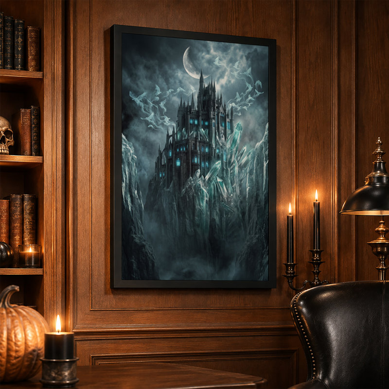 Impression sur toile, château gothique avec cristaux bleus lumineux et Halloween, H 30 po x l 20 po