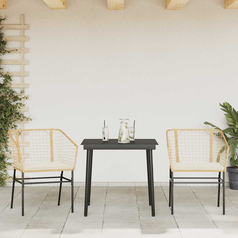 Patio Dining Set With Cushions Poly Rattan Glass, 29.1" H x 31.5" W x 31.5" L, White/Brown, 2