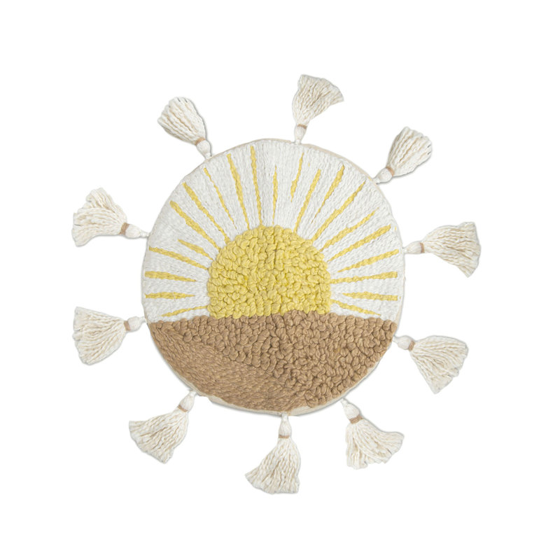 Round Embroidered Sunshine Kids Pillow with Tassels