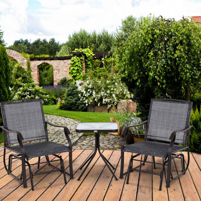 Chaise berçante de jardin avec table basse - 2 fauteuils coulissants, tissu d'extérieur gris et respirant 3 pièces. Balancelles de patio grises. Tissu, plateau en verre stable. Pour la cour arrière et le porche. Acier
