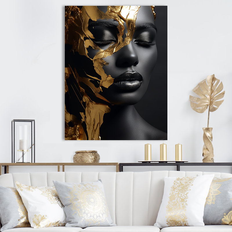 Femme dorée noire et dorée Photo III - Art mural femme, Toile tendue, H 32 po x l 24 po x P 1 po