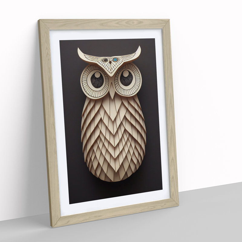 Paper Owl - Wall Art, 36cm H x 27cm W, Oak Framed, Black/Grey/Peach