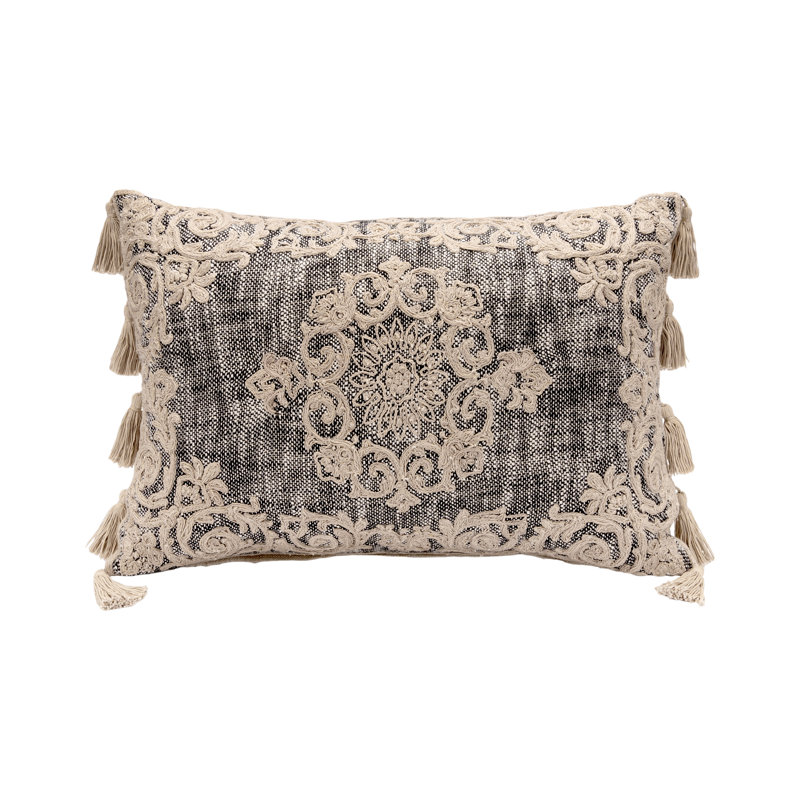 Gray and Beige Embroidered Rectangular Lumbar Pillow