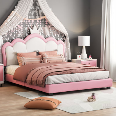 Lit double taille princesse avec tête de lit couronne - rose et crème Lit plateforme tapissier Pu