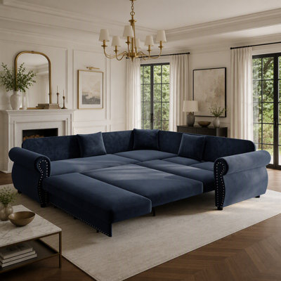 Canapé d'angle en L de 224 cm avec lit gigogne, canapé-lit convertible surdimensionné avec garniture cloutée et accoudoirs arrondis, canapés d'angle en chenille, pour salon, appartement, bureau, bleu