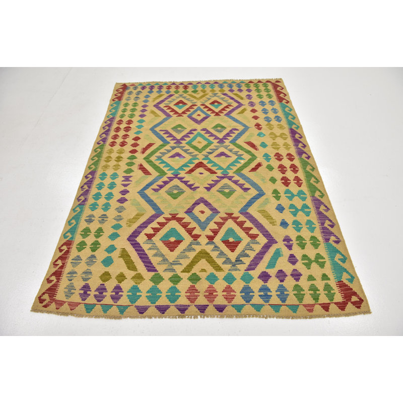 Tapis de zone en laine rouge/beige/bleu 4 pi 10 po x 6 pi 5 po one-of-kind-noué la main Lorain