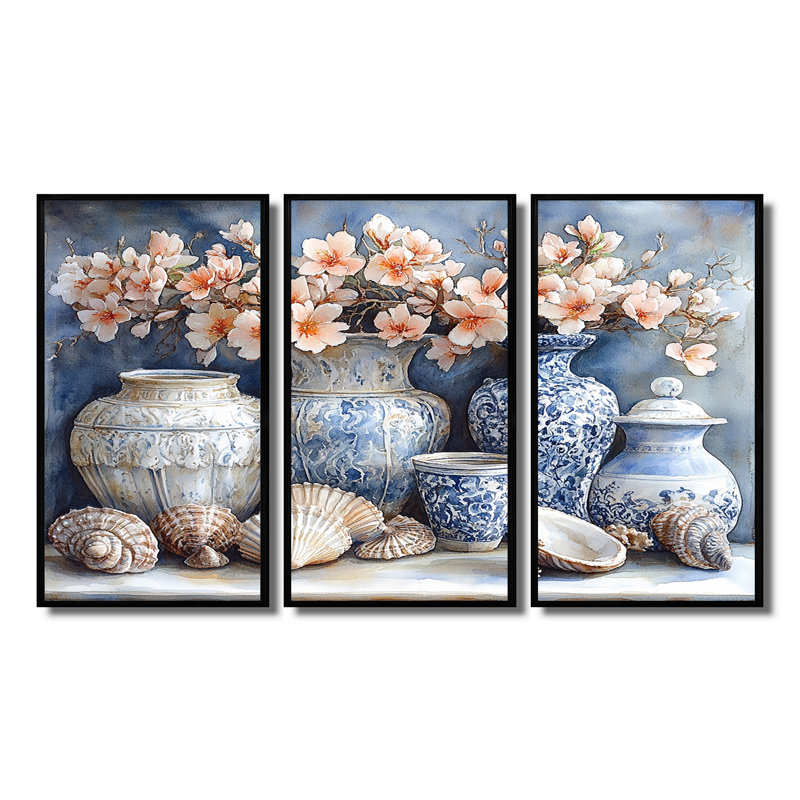 «Blue and Orange Floral Pottery», ensemble d'art mural de poterie côtière, Toile avec cadre flottant noir